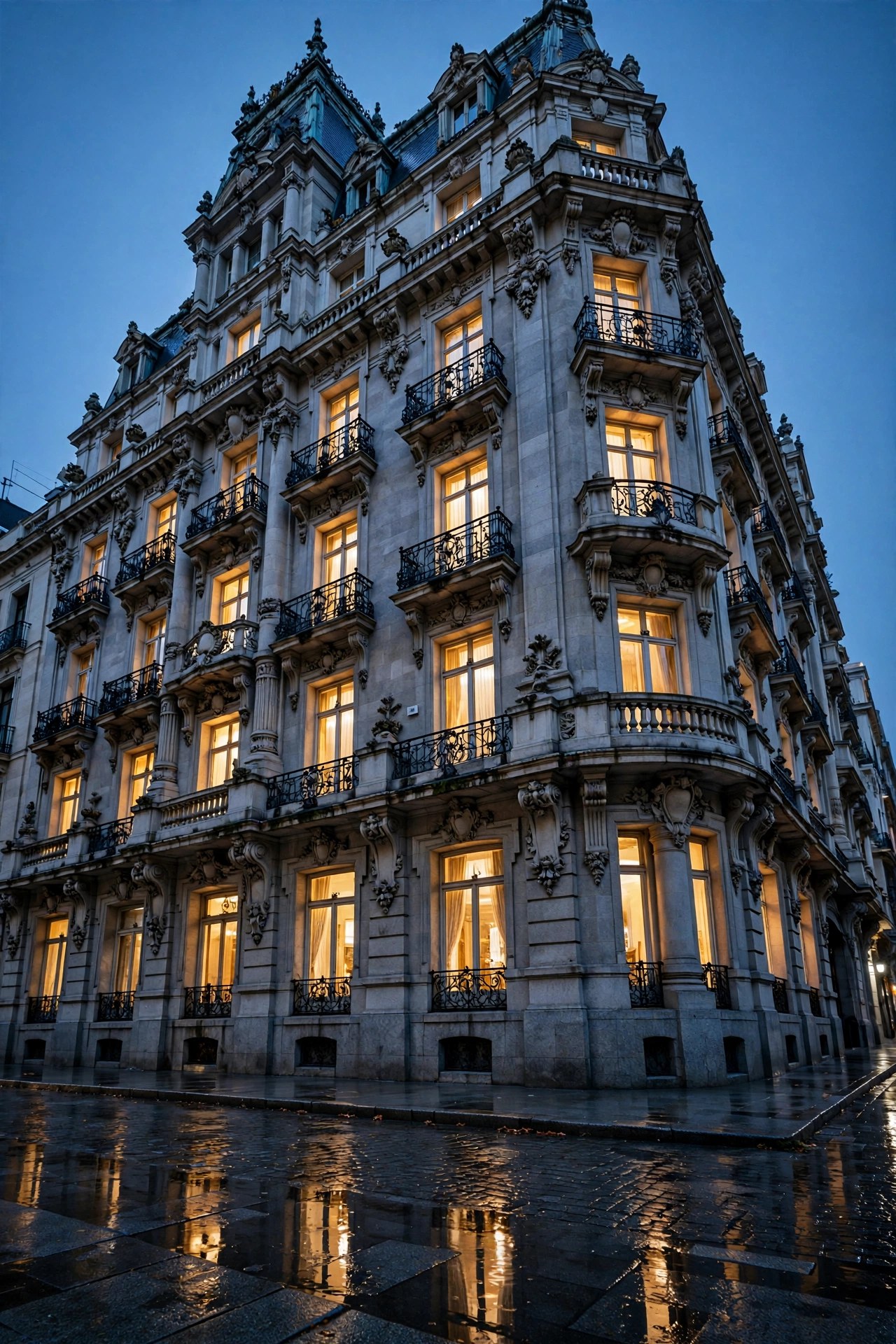Façade d'hôtel de standing à l'heure bleue