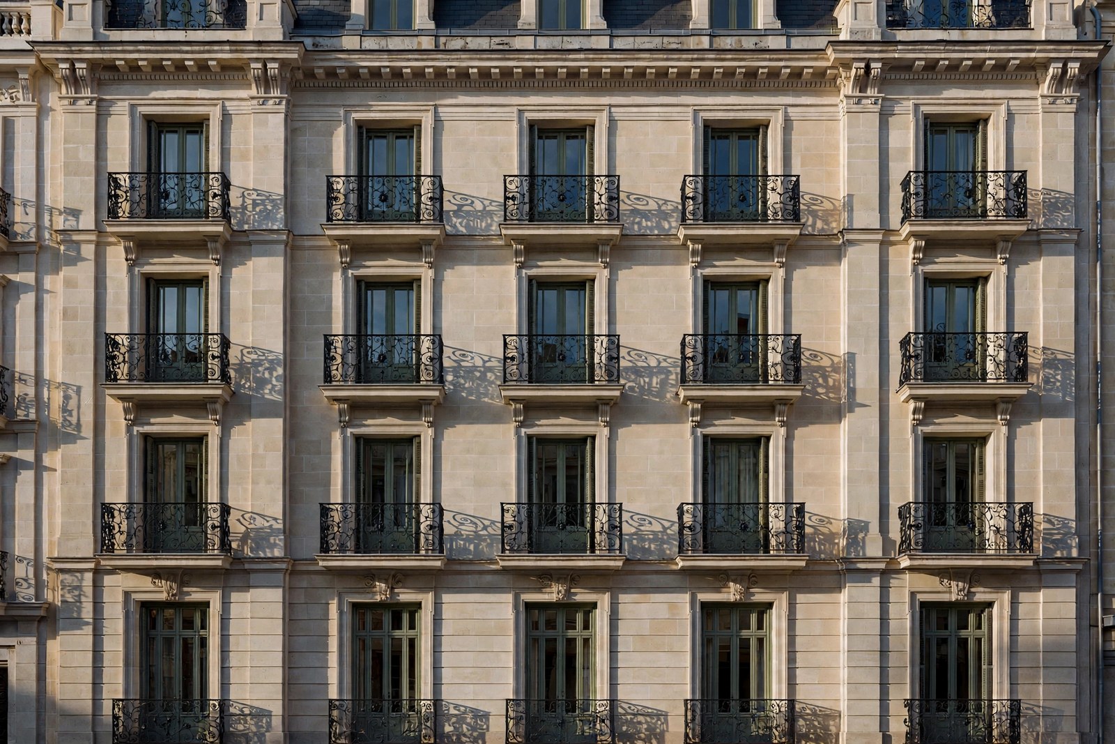 Immeuble résidentiel à persiennes, lumière rasante