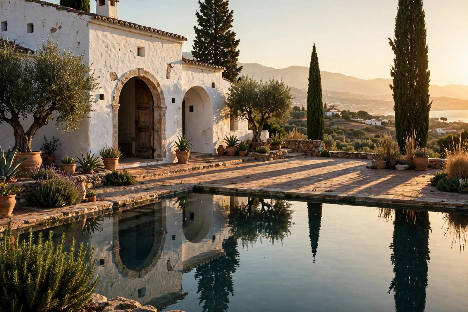 Villa méditerranéenne et bassin au soleil couchant